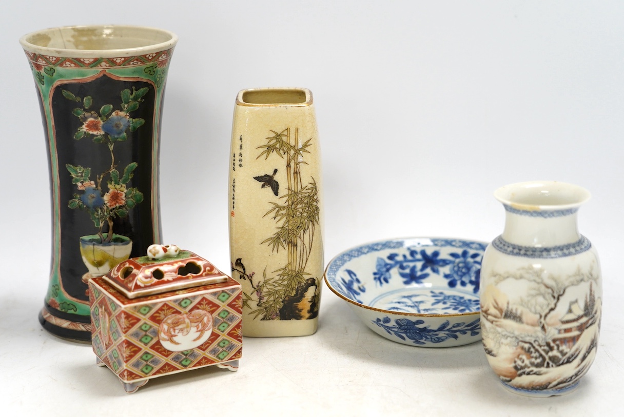 Japanese and Chinese ceramics to include a famille noire vase, a blue and white dish and a Japanese pot and cover, largest 19cm high. Condition - varies